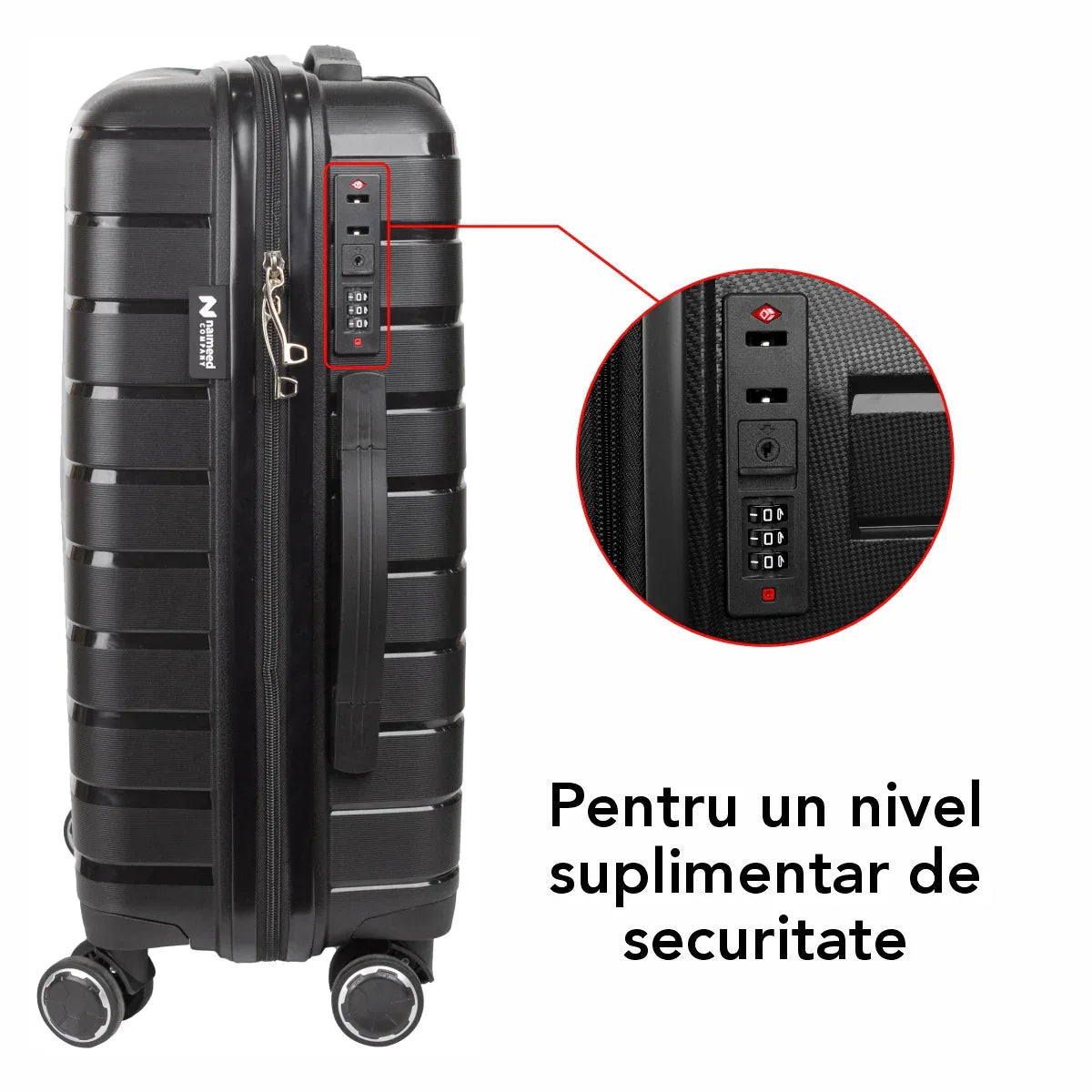 Troler voiaj Mare XL, StowAway, Naimeed D5962, 4 roti duble 360 grade detasabile , PP, inchidere cifru, Negru, 51x29.5x70cm