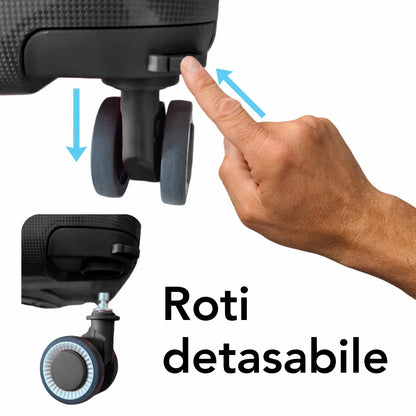 Troler voiaj Mic S, StowAway, Naimeed D5962, 4 roti duble 360 grade detasabile , PP, inchidere cifru, Negru, 37x20x48cm