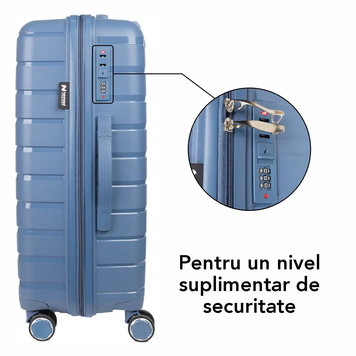 Troler voiaj Mediu M, StowAway, Naimeed D5963, 4 roti duble 360 grade, PP, inchidere cifru, Albastru, 39x22x51cm