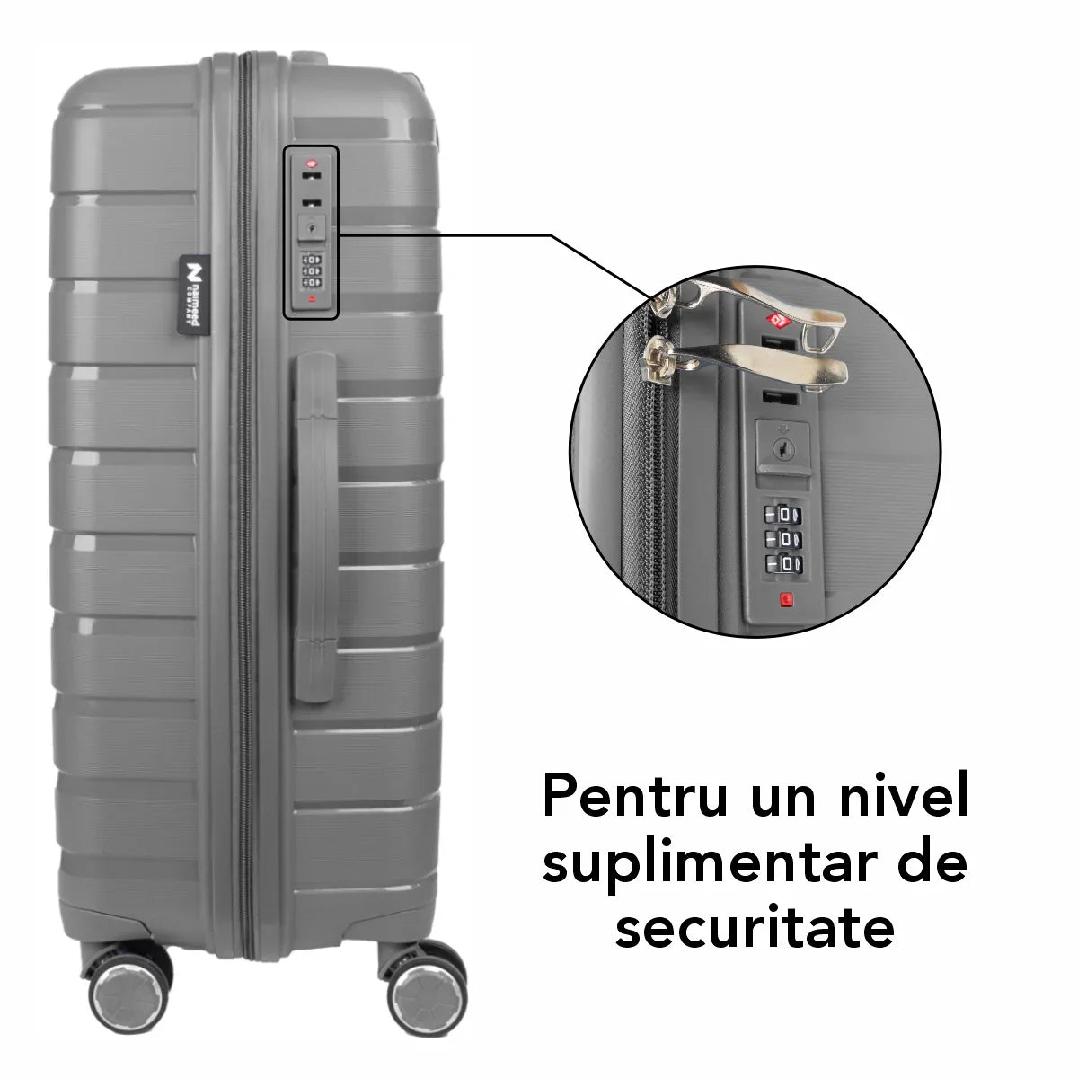Troler voiaj Mic S, StowAway, Naimeed D5965, 4 roti duble 360 grade detasabile , PP, inchidere cifru, Gri, 37x20x48cm