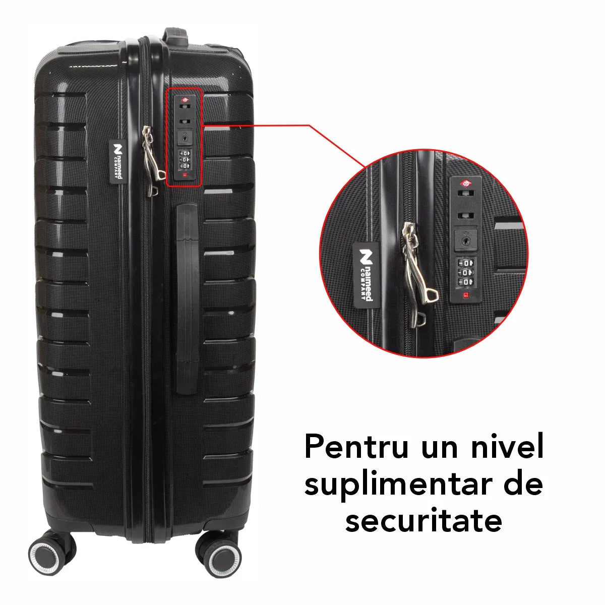 Troler voiaj Mediu M, StowAway, Naimeed D5966, 4 roti duble 360 grade detasabile , PP, inchidere cifru, Negru, 39x22x51cm
