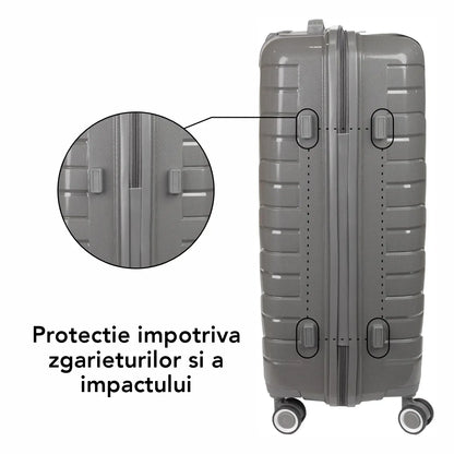 Troler voiaj Mare L, StowAway, Naimeed D5967, 4 roti duble 360 grade, PP, inchidere cifru, Gri, 44x26x61cm