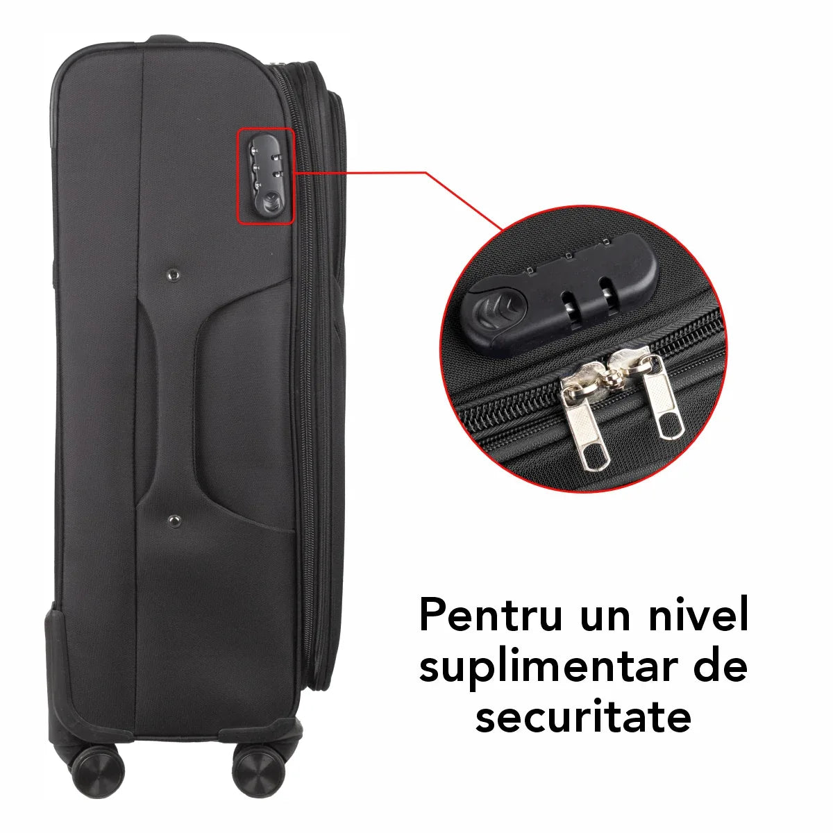 Troler voiaj Mediu, Naimeed D5971, 4 roti duble 360 grade, material textil, inchidere cifru, Negru, 41x27x62cm