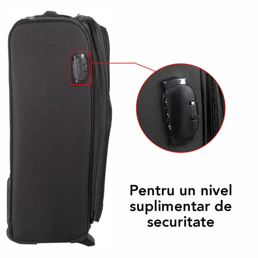 Troler voiaj Mediu, Naimeed D5978, 2 roti, material textil, inchidere cifru, Negru, 40x28x63cm