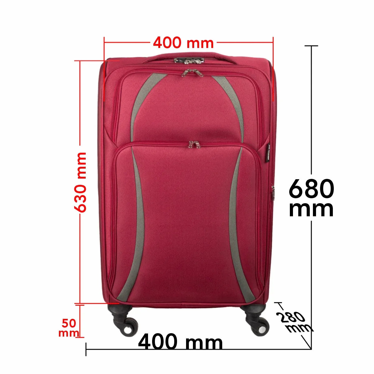 Troler voiaj Mediu, Naimeed D5980, 4 roti, material textil, inchidere cifru, Rosu, 40x28x63cm