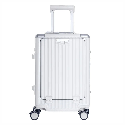 Troler, cabina avion, Naimeed D5989, Premium Voyage, fibra de carbon, port USB, compartiment pentru laptop, inchidere cifru, Alb, 49x34x24cm