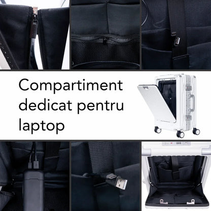Troler, cabina avion, Naimeed D5989, Premium Voyage, fibra de carbon, port USB, compartiment pentru laptop, inchidere cifru, Alb, 49x34x24cm
