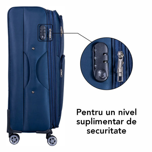 Troler voiaj Mediu, Naimeed D5999, 4 roti duble 360 grade, material textil, inchidere cifru, Albastru, 41x23x68cm