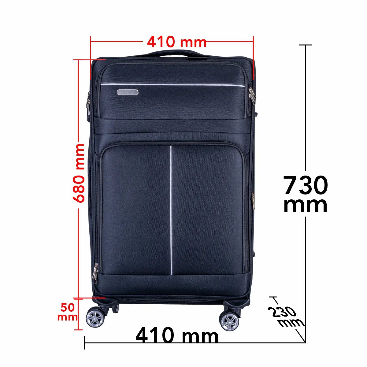 Troler voiaj Mediu, Naimeed D6004, 4 roti duble 360 grade, material textil, inchidere cifru, Negru, 41x23x68cm