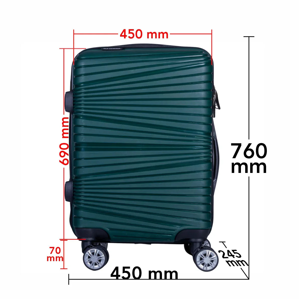 Troler voiaj Mare, Naimeed D6025, 4 roti duble 360 grade, PP, inchidere cifru, Verde, 45x24.5x69cm