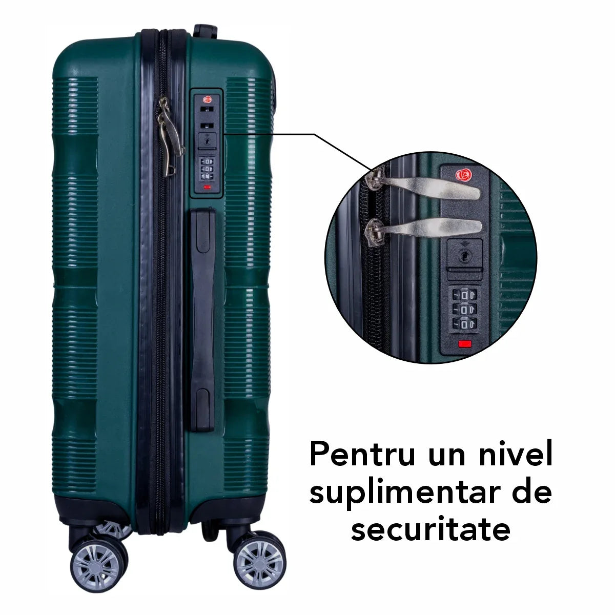 Troler voiaj Mediu, Naimeed D6027, 4 roti duble 360 grade, PP, inchidere cifru, Verde, 41x23x57cm