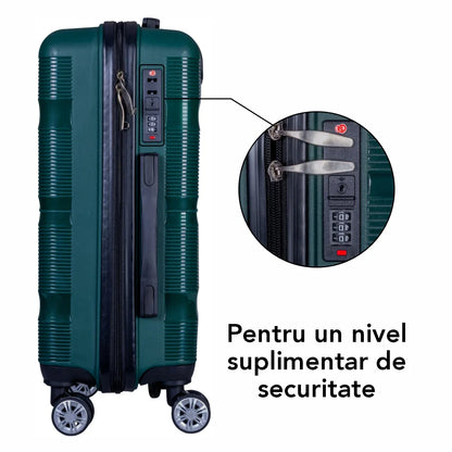 Troler voiaj Mic, Naimeed D6027, 4 roti duble 360 grade, PP, inchidere cifru, Verde, 35x21x47cm