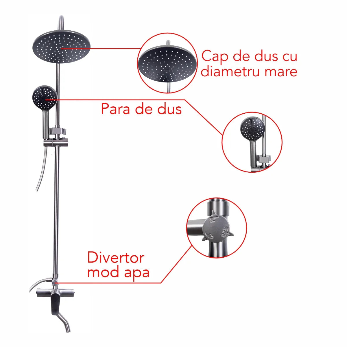 Coloana de dus, cu para fixa si para mobila, Naimeed D6136, 3 functii, otel inoxidabil, Argintiu