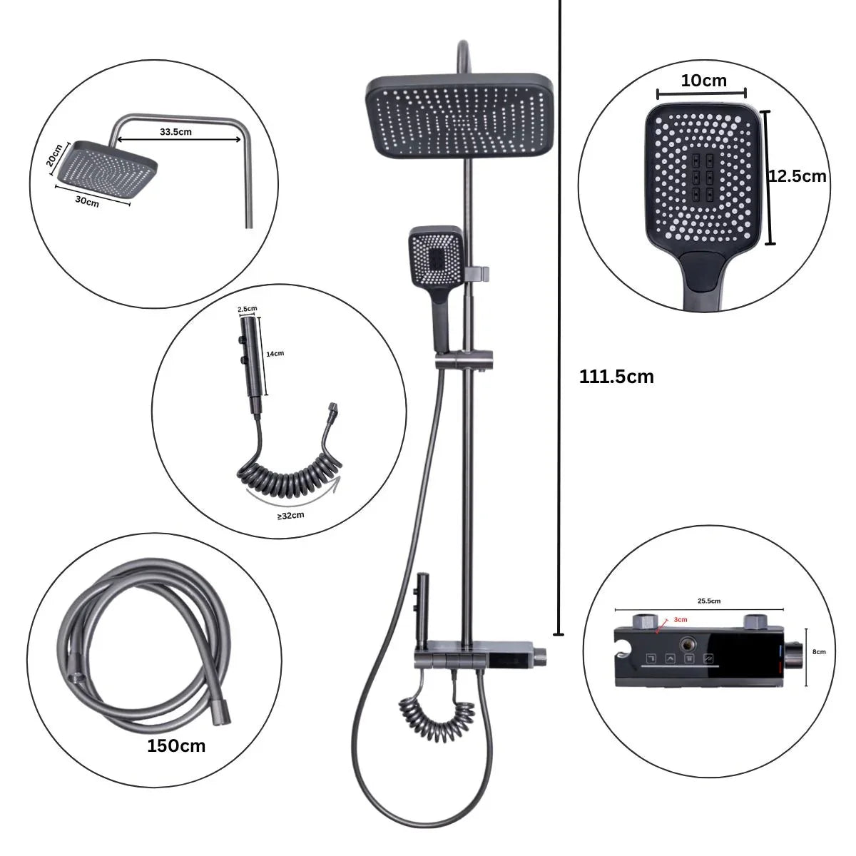 Coloana de dus, cu para fixa si para mobila, Naimeed D6139, 4 functii, otel inoxidabil, Gri