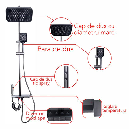 Coloana de dus, cu para fixa si para mobila, Naimeed D6145, 4 functii, otel inoxidabil, Gri