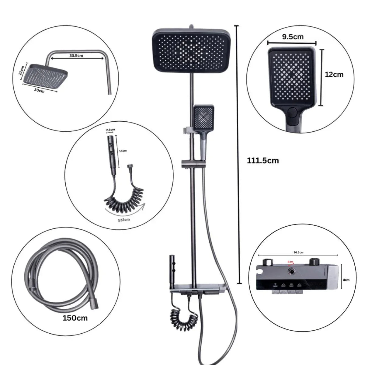 Coloana de dus, cu para fixa si para mobila, Naimeed D6145, 4 functii, otel inoxidabil, Gri