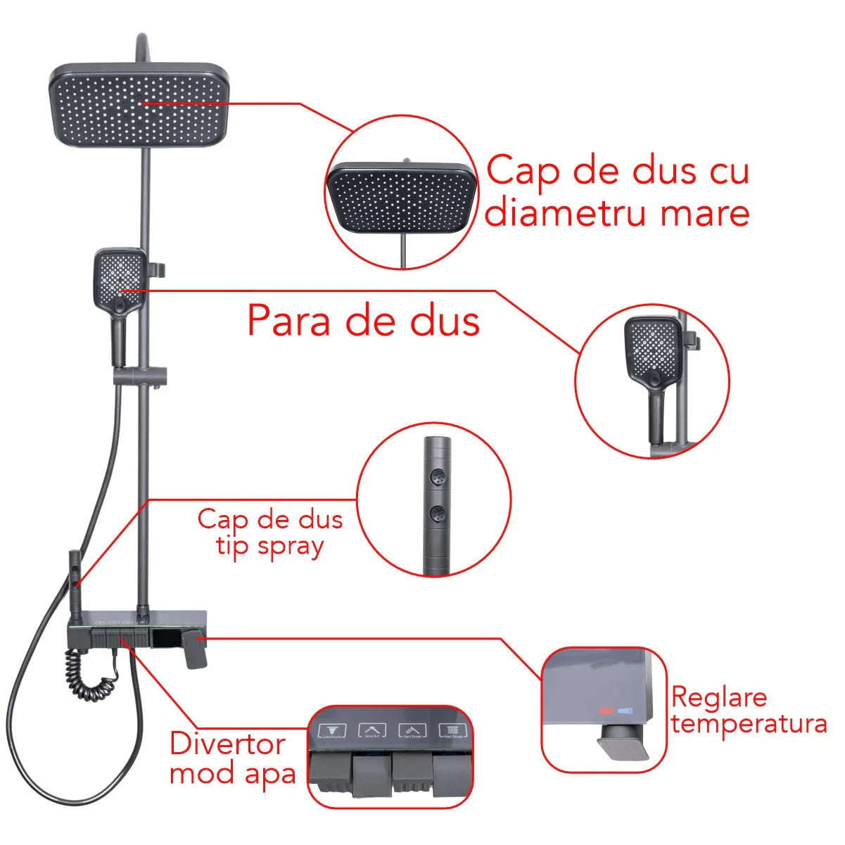 Coloana de dus, cu para fixa si para mobila, Naimeed D6147, 4 functii, otel inoxidabil, Gri