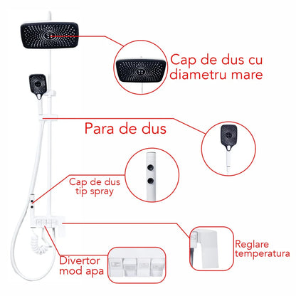 Coloana de dus, cu para fixa si para mobila, Naimeed D6149, 4 functii, otel inoxidabil, Alb