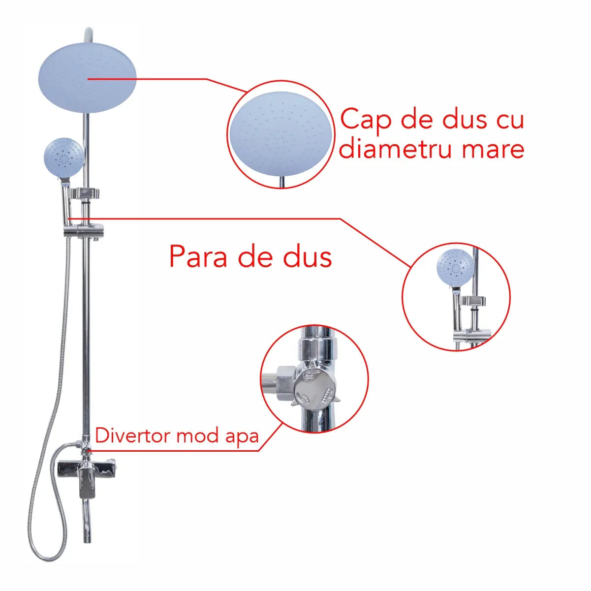 Coloana de dus, cu para fixa si para mobila, Naimeed D6151, 3 functii, otel inoxidabil, Argintiu