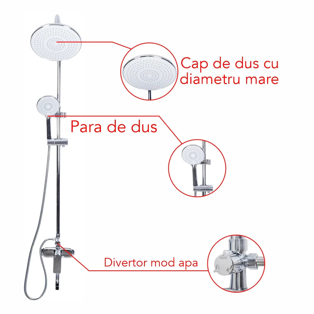 Coloana de dus, cu para fixa si para mobila, Naimeed D6152, 3 functii, otel inoxidabil, Argintiu