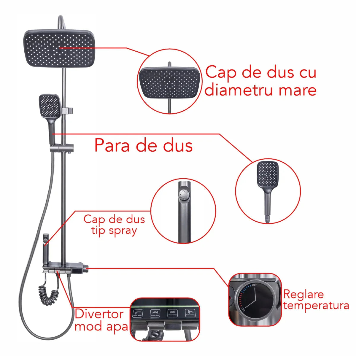 Coloana de dus, cu para fixa si para mobila, Naimeed D6159, 4 functii, otel inoxidabil, Argintiu