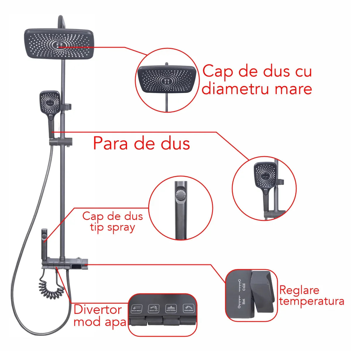 Coloana de dus, cu para fixa si para mobila, Naimeed D6160, 4 functii, otel inoxidabil, Gri