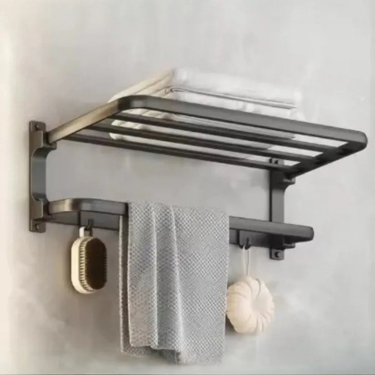 Suport multifunctional, tip etajera, cu 5 carlige, din aluminiu, Naimeed D6162, Gri