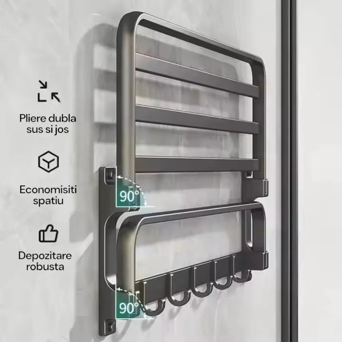 Suport multifunctional, tip etajera, cu 5 carlige, din aluminiu, Naimeed D6162, Gri