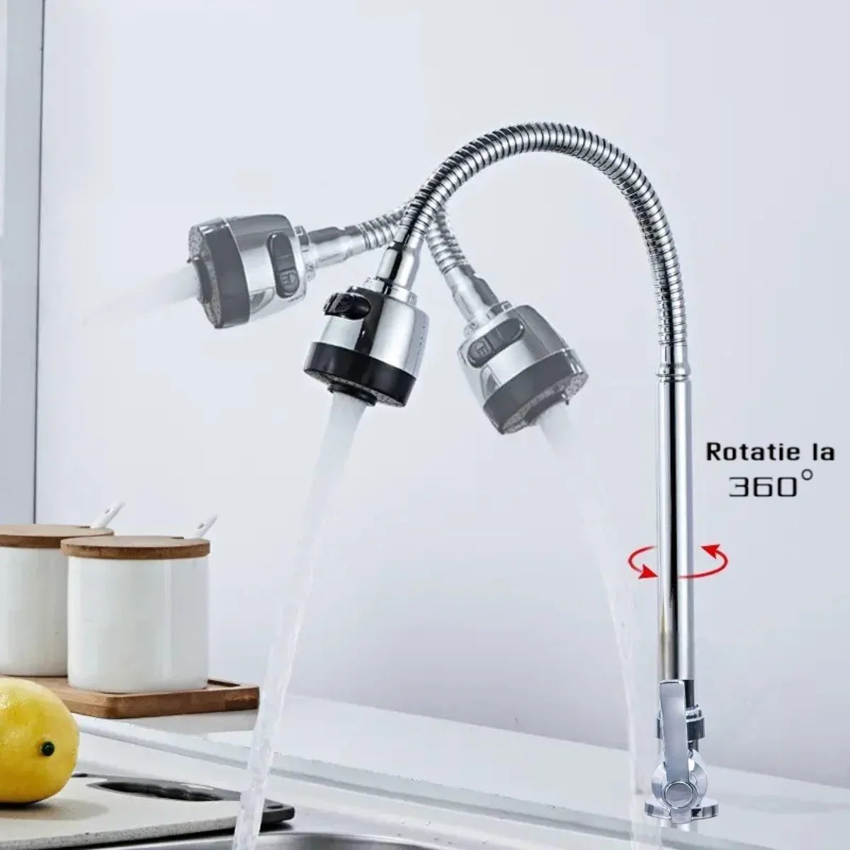 Baterie chiuveta pentru o singura alimentare cu apa, (cald sau rece), rotire 360°, cu doua moduri de jet ajustabil, Naimeed D6183, Argintiu