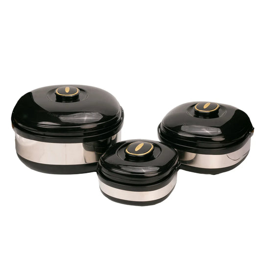 Caserola termica, set 3 piese, Thermo Class, cu interior din inox, Naimeed D6708, Negru