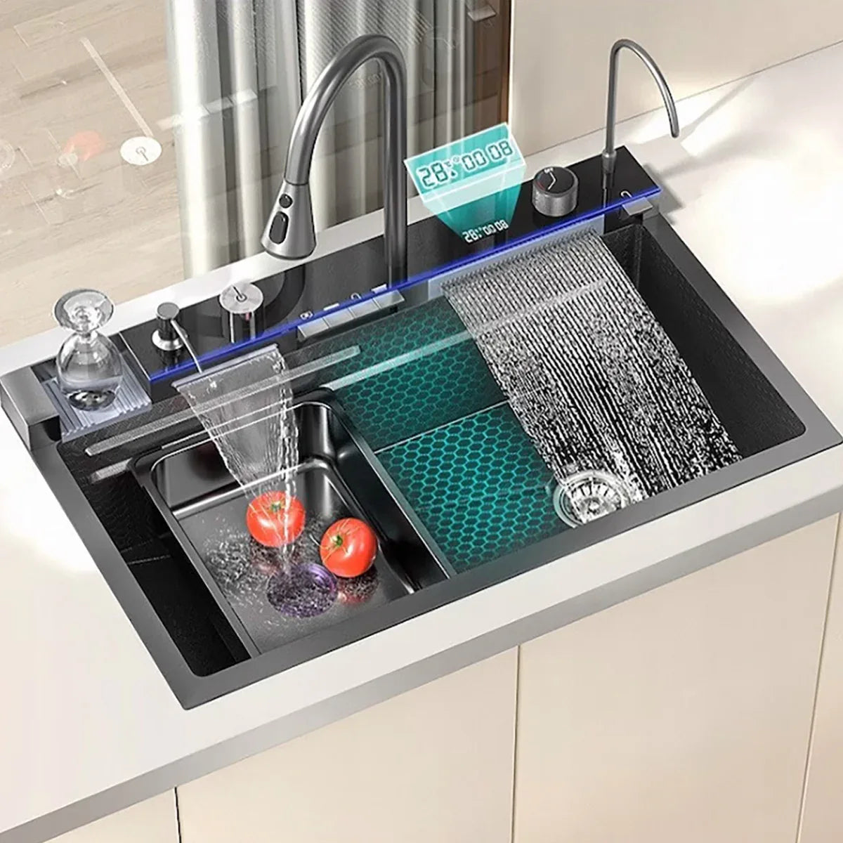Chiuveta multifunctionala Smart Cuisine, cu accesorii incluse, Naimeed D6744, functii multiple, otel inoxidabil, Gri, 210x750x460mm