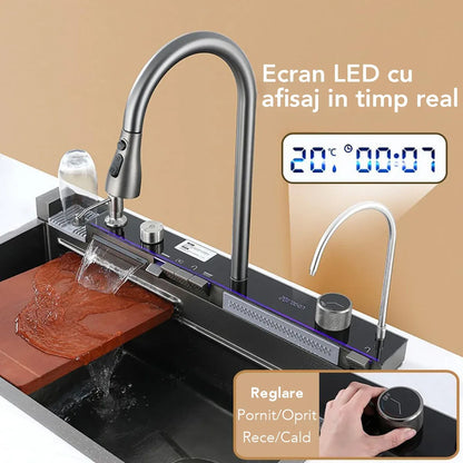 Chiuveta multifunctionala Smart Cuisine, cu accesorii incluse, Naimeed D6744, functii multiple, otel inoxidabil, Gri, 210x750x460mm