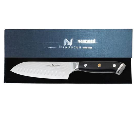 Cutit Santoku, din otel Damascus, Naimeed D6826, damasc 67 straturi, 32 cm,  Negru