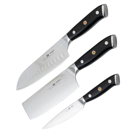 Set 3 cutite profesionale, din otel Damascus, Naimeed D6834, damasc 67 de straturi,  Negru