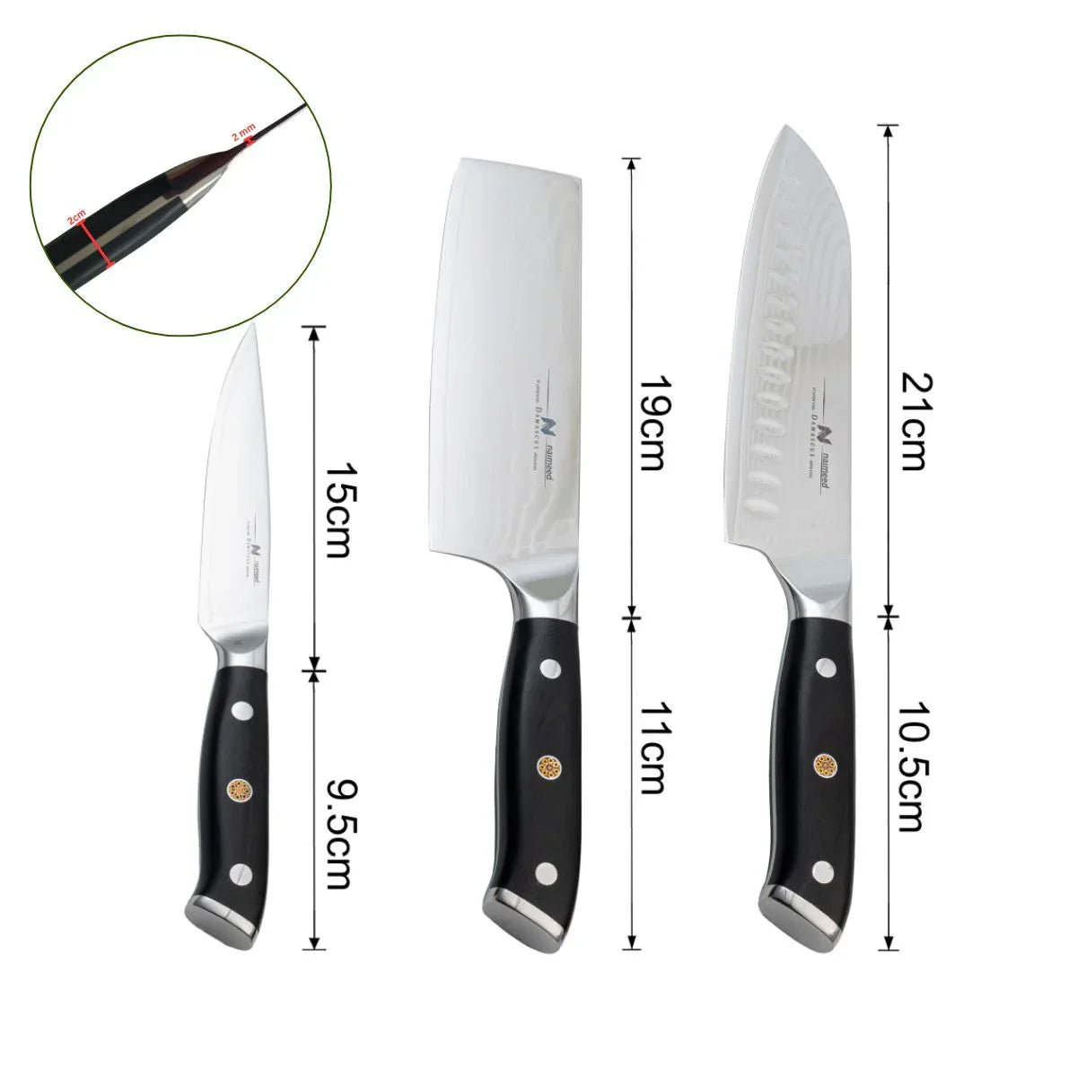 Set 3 cutite profesionale, din otel Damascus, Naimeed D6834, damasc 67 de straturi,  Negru