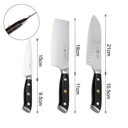 Set 3 cutite profesionale, din otel Damascus, Naimeed D6834, damasc 67 de straturi,  Negru