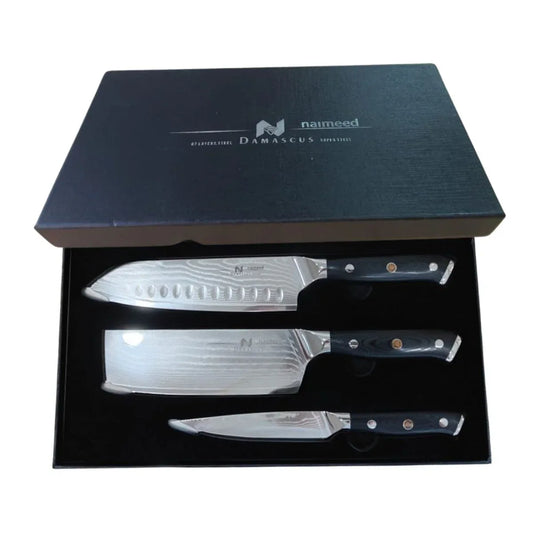 Set 3 cutite profesionale, din otel Damascus, Naimeed D6834, damasc 67 de straturi,  Negru