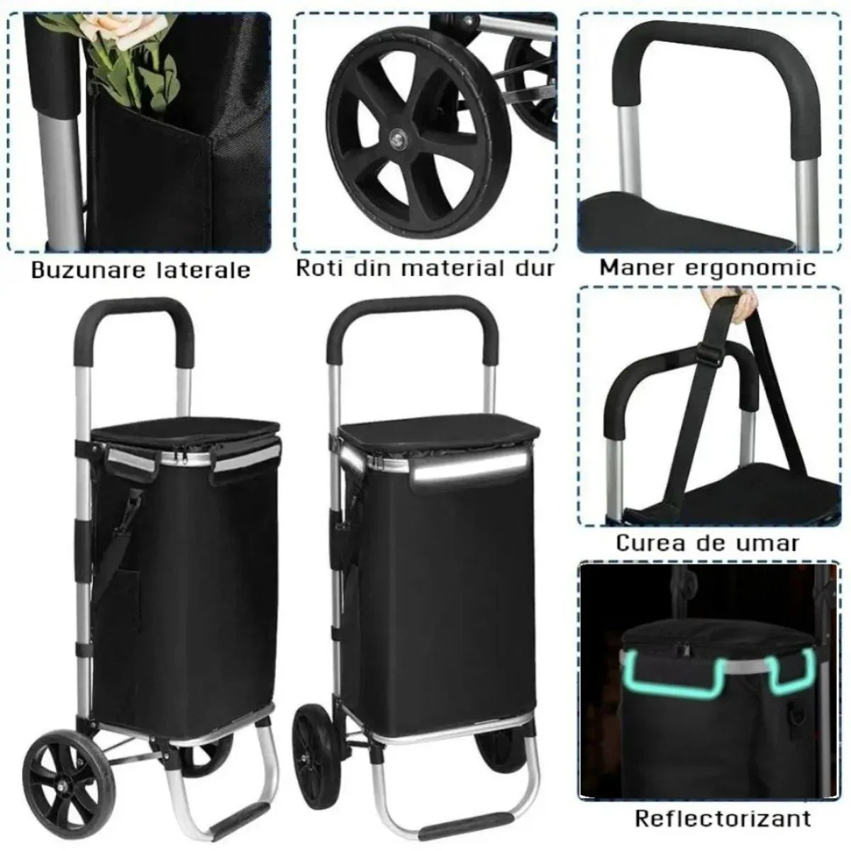 Carucior cumparaturi pliabil cu 2 roti rezistente si sac textil impermeabil, detasabil cu 2 buzunare laterale, Naimeed D6868, capacitate 43.5L, 96x42x28cm, Negru