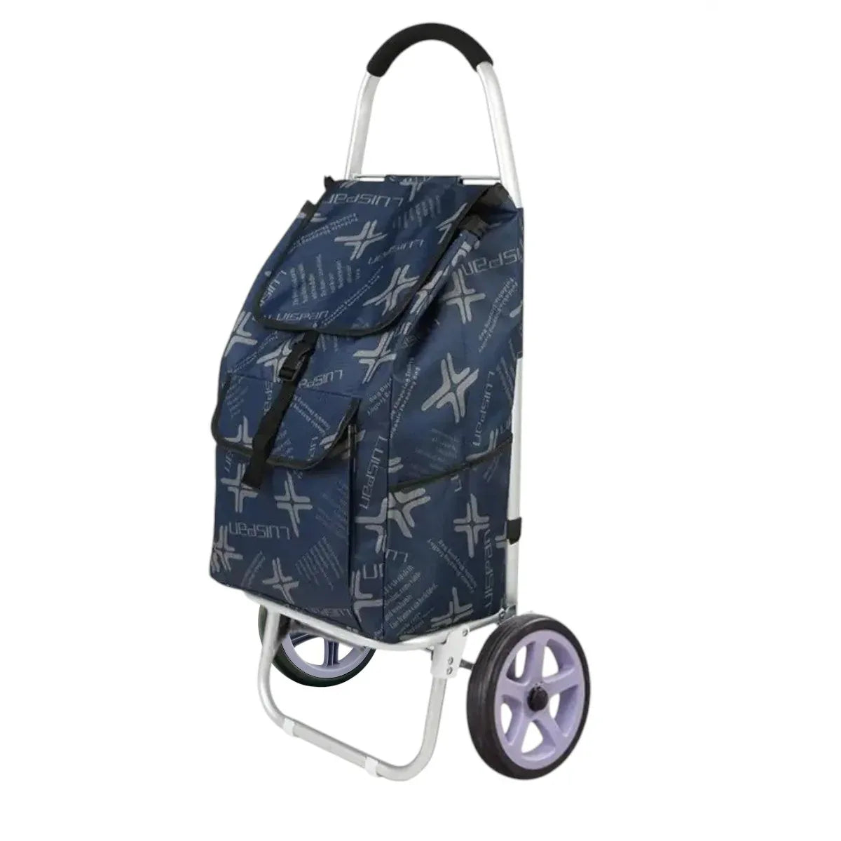 Carucior cumparaturi pliabil cu 2 roti rezistente si sac textil, detasabil cu 2 buzunare laterale, Naimeed D6871, capacitate 49L, 100x45x34cm, Albastru