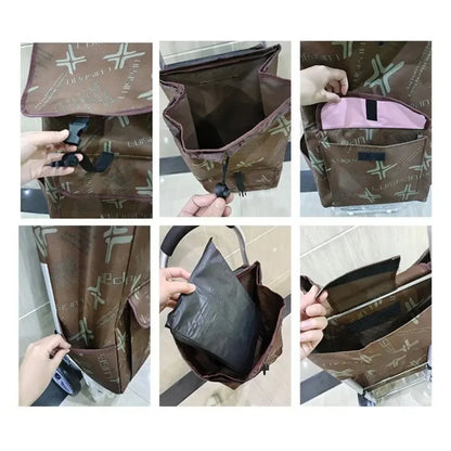 Carucior cumparaturi pliabil cu 2 roti rezistente si sac textil, detasabil cu 2 buzunare laterale, Naimeed D6872, capacitate 49L, 100x45x34cm, Maro