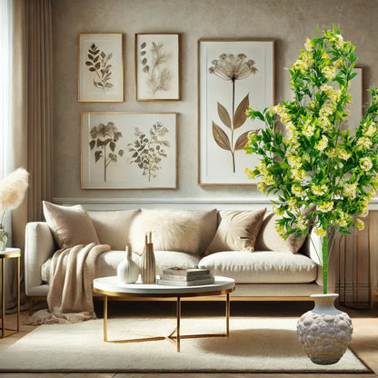 Planta decorativa artificiala, fara ghiveci, tip Iasomie, Naimeed D6955, 105 cm, flori Galben/Alb