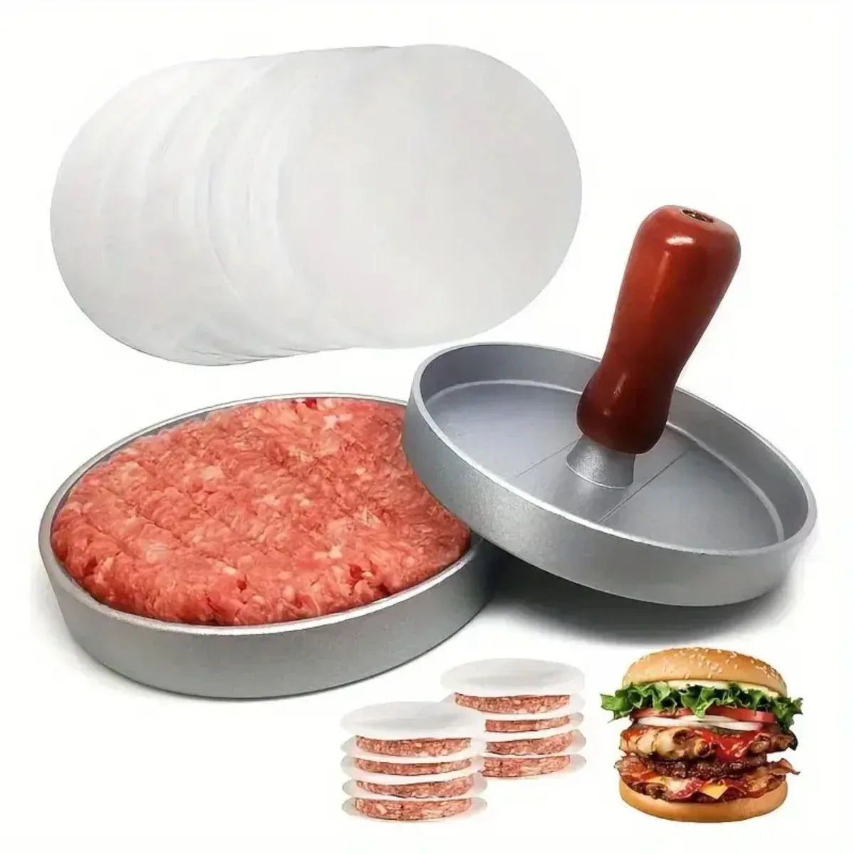 Presa  pentru burgeri, din aluminiu cu maner din lemn, 11.5x7.5cm, Naimeed D6996, Argintiu