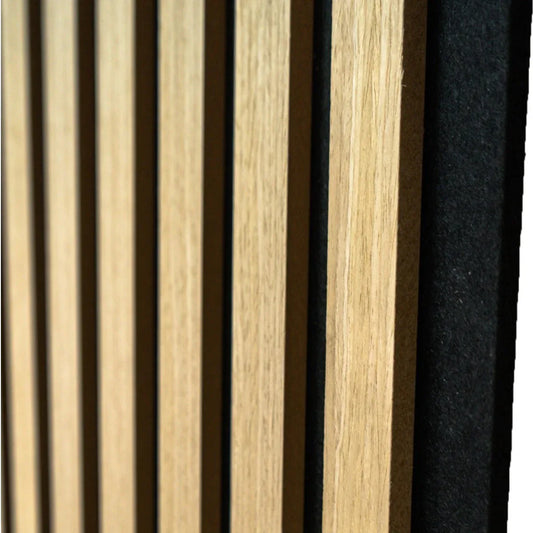 Set 6 Panouri riflaj acustic decorativ, MDF si pasla, Naimeed D7102, 270x30x1.8cm, Stejar deschis
