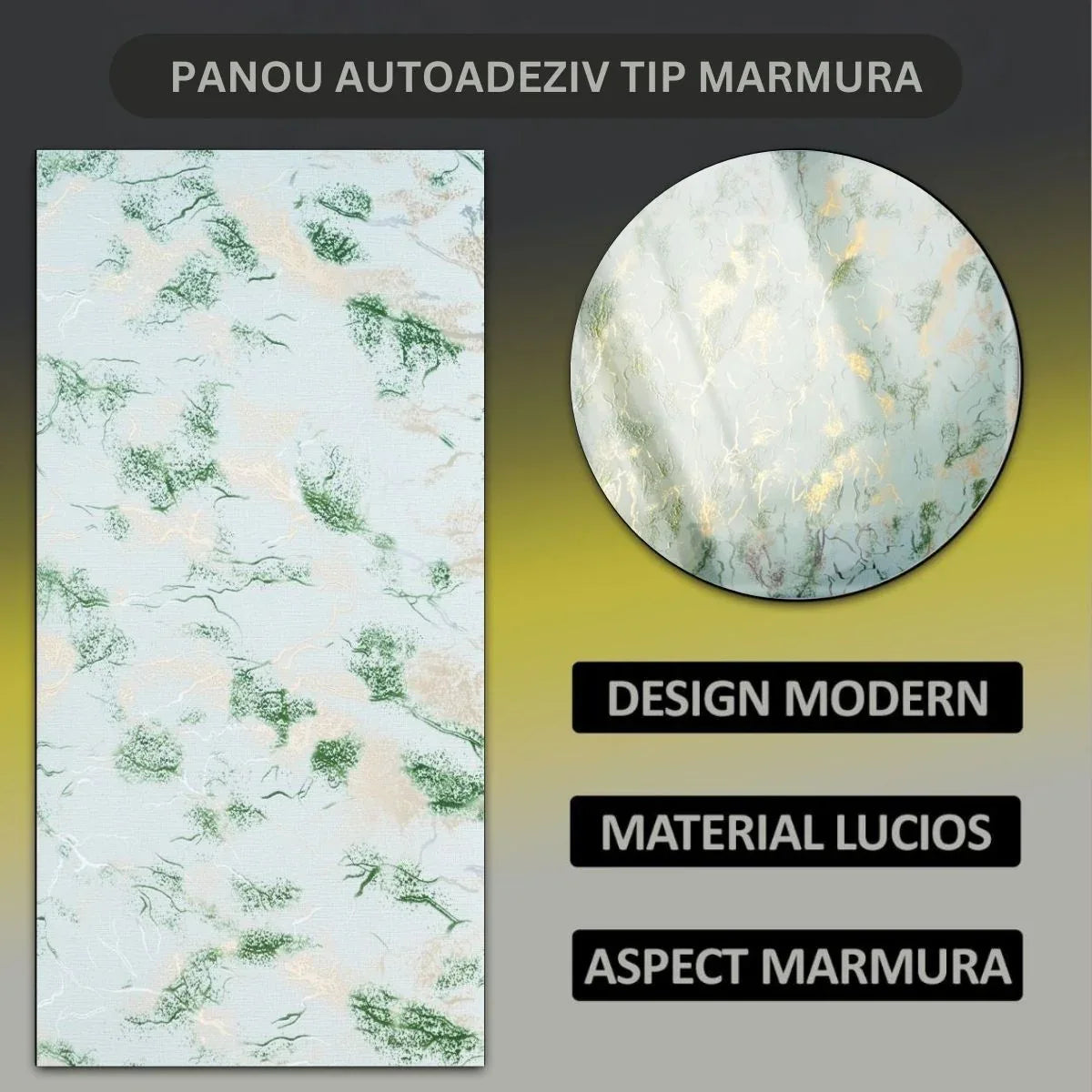 Set 6 panouri decorative autoadezive cu folie de aluminiu, efect marmura,  suprafata acoperita 1.08 m², Naimeed D7117, 60x30 cm, Verde