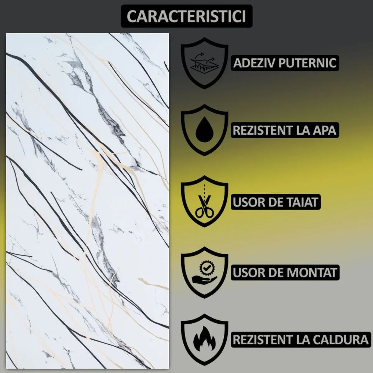 Set 6 panouri decorative autoadezive cu folie de aluminiu, efect marmura,  suprafata acoperita 1.08 m², Naimeed D7123, 60x30 cm, Gri deschis