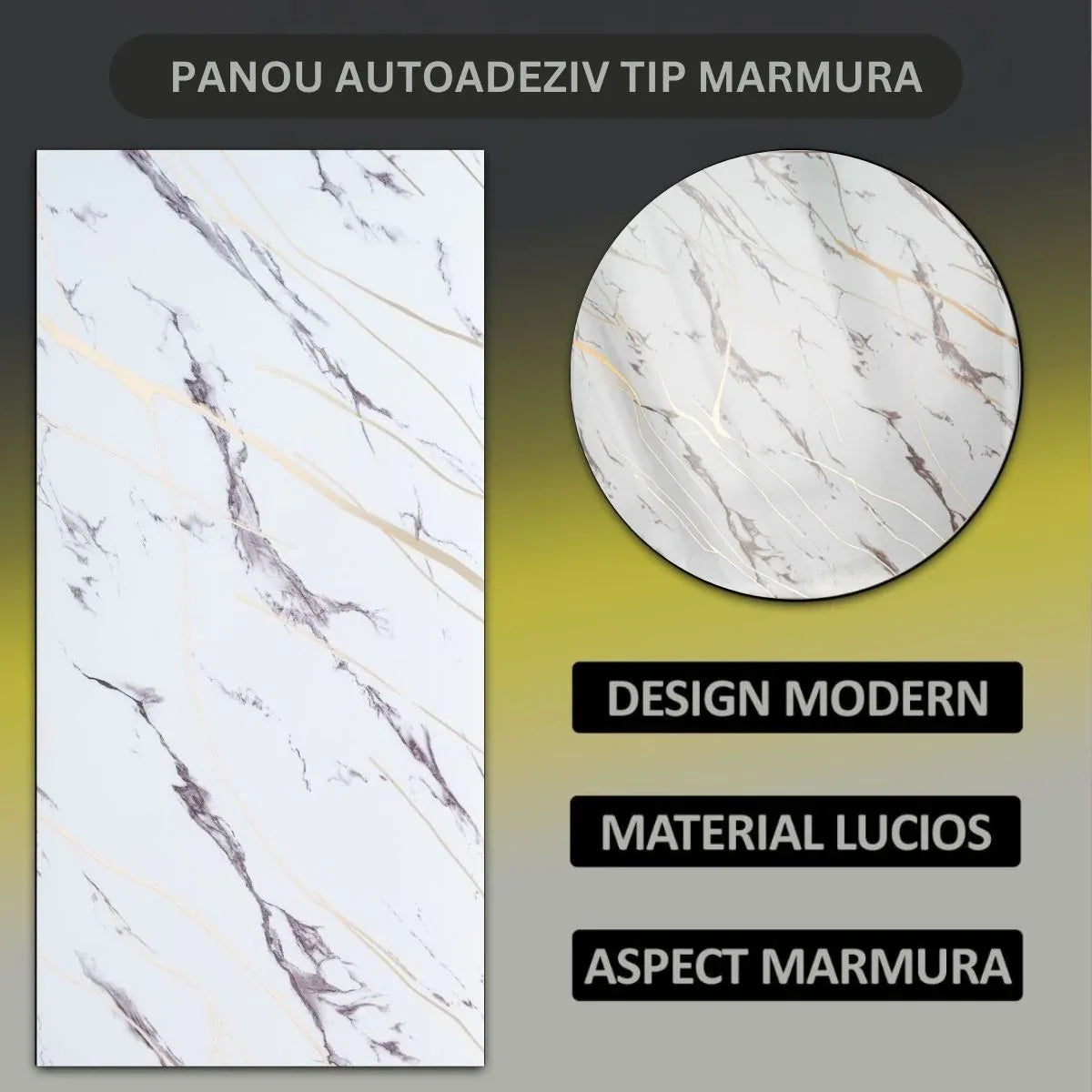 Set 6 panouri decorative autoadezive cu folie de aluminiu, efect marmura,  suprafata acoperita 1.08 m², Naimeed D7124, 60x30 cm, Alb