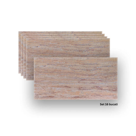 Set 16 panouri decorative din praf de piatra, Naimeed D7309, ignifuge, strat protector ceramic, rezistente la razele UV, 120x60x0.2 cm, bej ruginiu