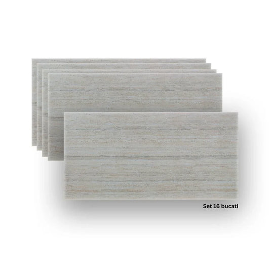 Set 16 panouri decorative din praf de piatra, Naimeed D7310, ignifuge, strat protector ceramic, rezistente la razele UV, 120x60x0.2 cm, alb bejuit
