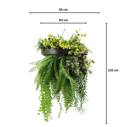 Aranjament Suspendat cu Plante Artificiale pe Disc Decorativ Negru, Naimeed D7445, diametru 40 cm
