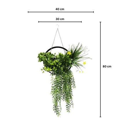Aranjament Suspendat cu Plante Artificiale pe Disc Decorativ Negru, Naimeed D7447, diametru 30 cm